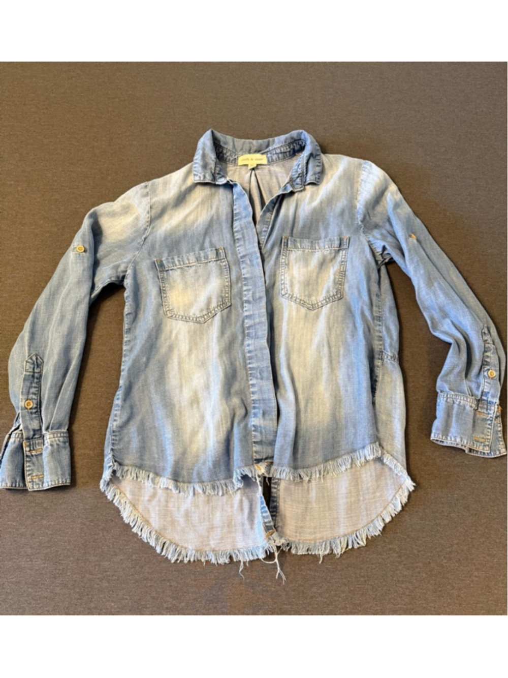 Anthropologie Cloth & Stone Size Small Blue Chambray Fringed Hem Top - Picture 5 of 7